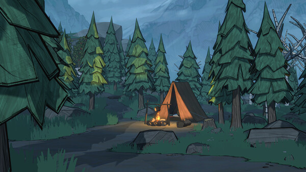 A screenshot from the game 'Blue Prince', depicting a tent in the woods with a small campfire burning in front.