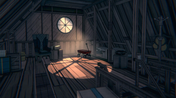 A screenshot from the game 'Blue Prince', depicting an old attic with a circular window.