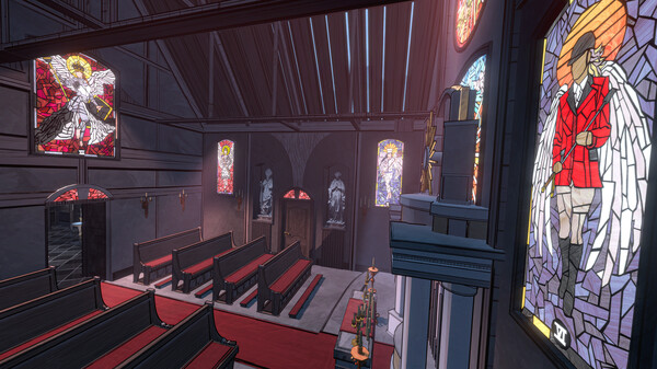 A screenshot from the game 'Blue Prince', depicting a chapel with stained glass windows.