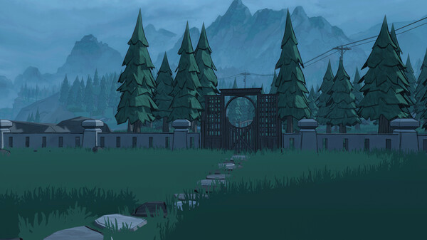 A screenshot from the game 'Blue Prince', depicting a closed wooden gate blocking off a stone pathway.