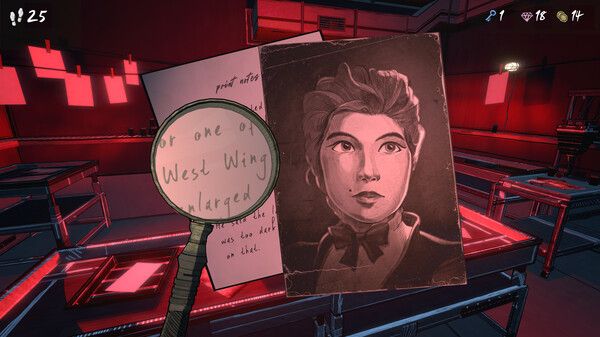 A screenshot from the game 'Blue Prince', depicting a photo of a woman, and a magnifying glass over the words 'west wing'